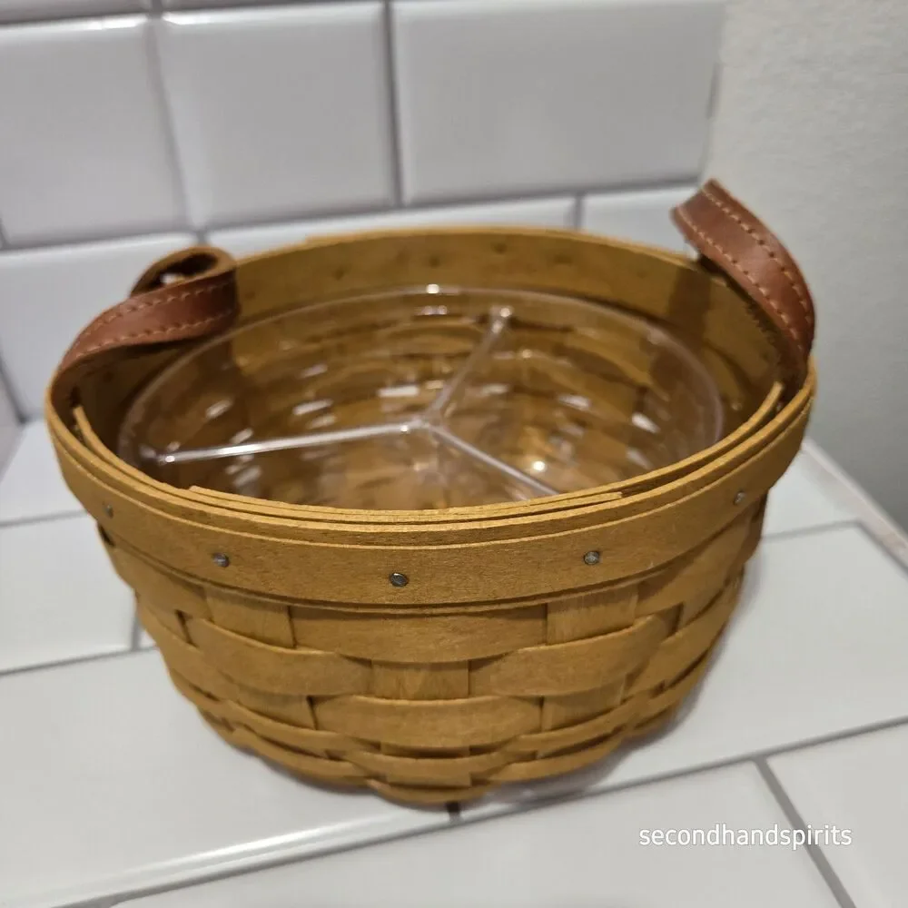 Longaberger Round Button Basket Set w 3-Section Plastic Divided Protector